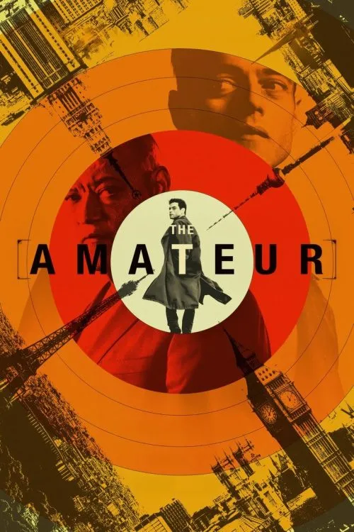 Amateur 2025 Movie Poster: A man in a coat and a red circle with a tower and text